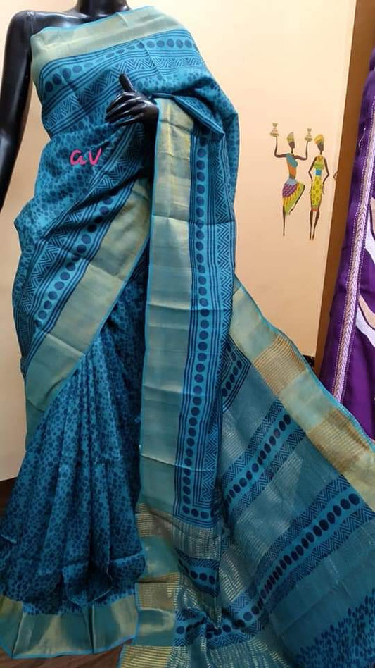 Blue Block Printed Zari Border Pure Silk Mark Certified Tussar Silk Sarees - Dailybuyys