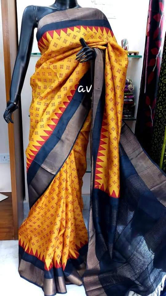 Yellow Block Printed Zari Border Pure Silk Mark Certified Tussar Silk Sarees - Dailybuyys
