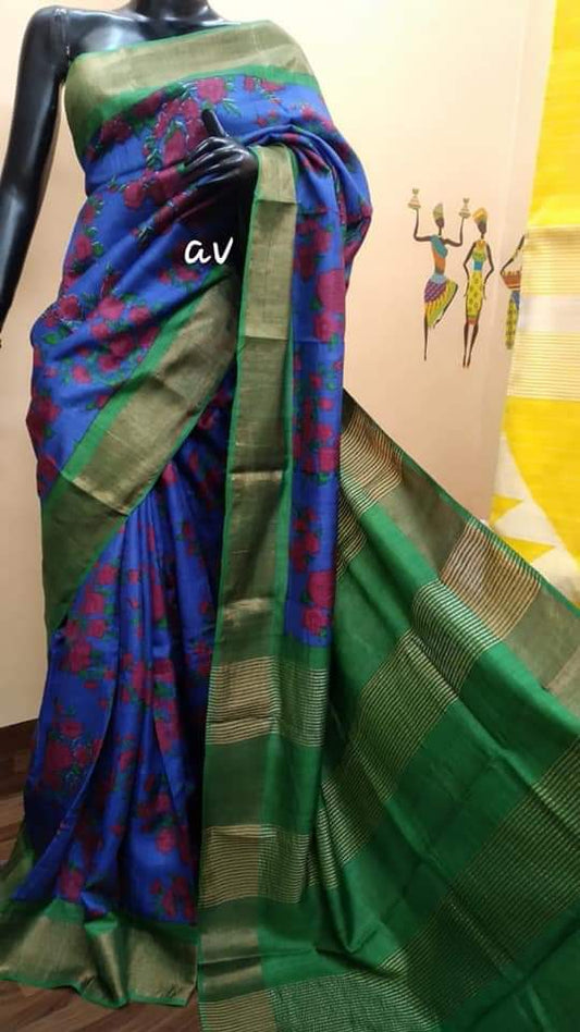 Blue Hand Painted Zari Border Pure Silk Mark Certified Tussar Silk Sarees - Dailybuyys