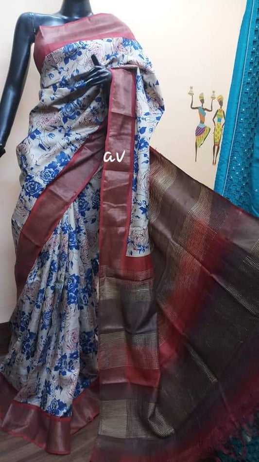 White Red Hand Printed Zari Border Pure Silk Mark Certified Tussar Silk Sarees - Dailybuyys