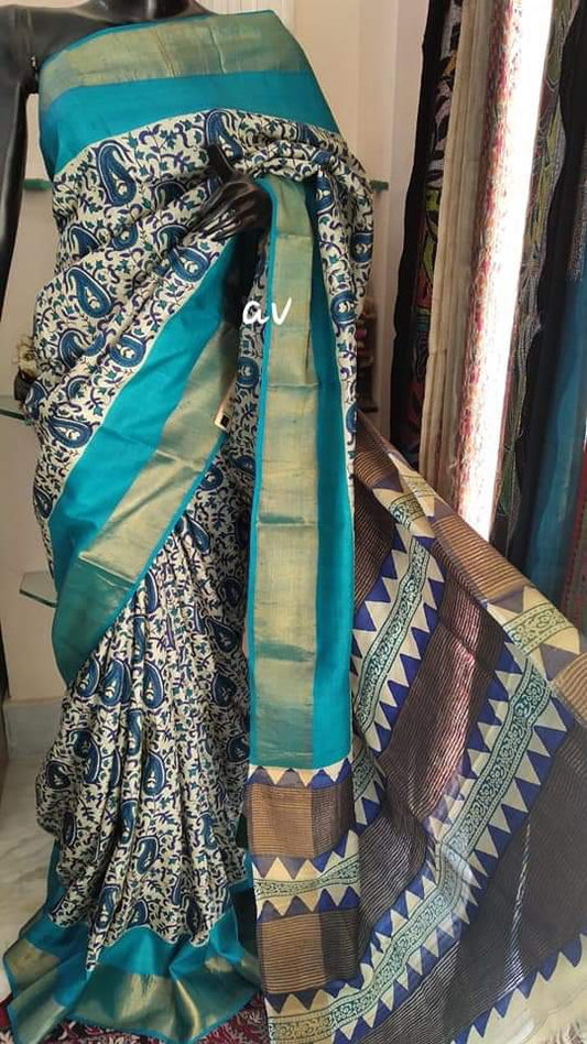 Blue Block Printed Zari Border Pure Silk Mark Certified Tussar Silk Sarees - Dailybuyys