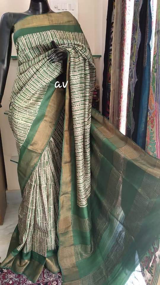 Beige Green Block Printed Zari Border Pure Silk Mark Certified Tussar Silk Sarees - Dailybuyys