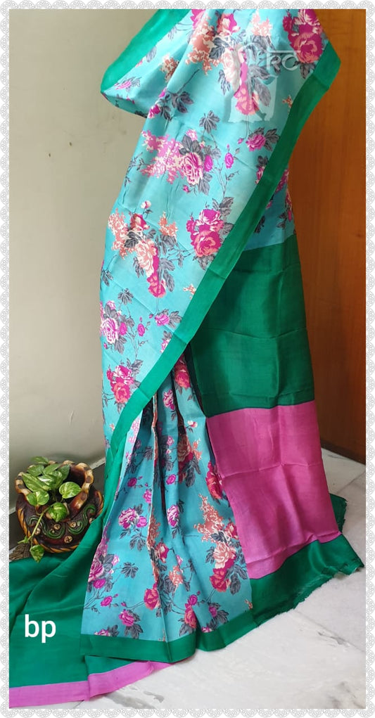 Blue Green Hand Painted Pure Silk Mark Certified Bishnupuri Silk Sarees - Dailybuyys