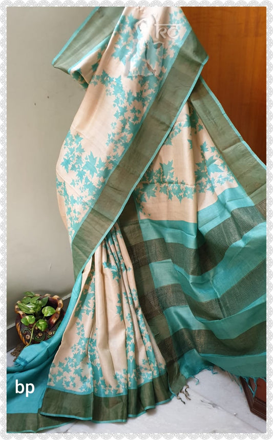 Green Beige Block Printed Zari Border Pure Silk Mark Certified Tussar Silk Sarees - Dailybuyys