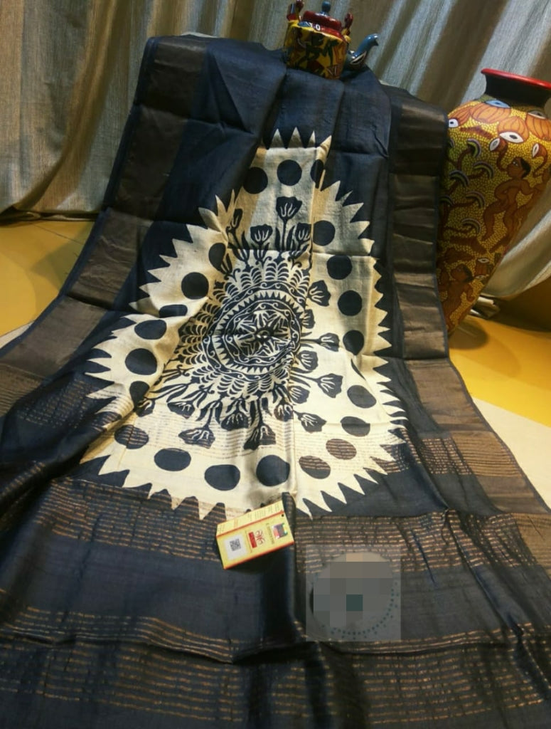 Black Beige Hand Painted Zari Border Pure Silk Mark Certified Tussar Silk Sarees
