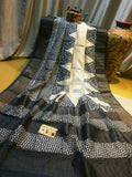Black Beige Block Printed Zari Border Pure Silk Mark Certified Tussar Silk Sarees