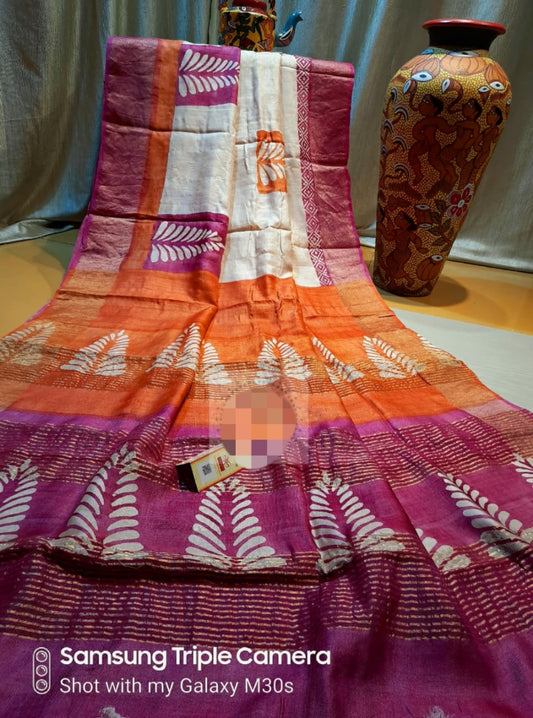 Orange Rani Block Printed Zari Border Pure Silk Mark Certified Tussar Silk Sarees - Dailybuyys