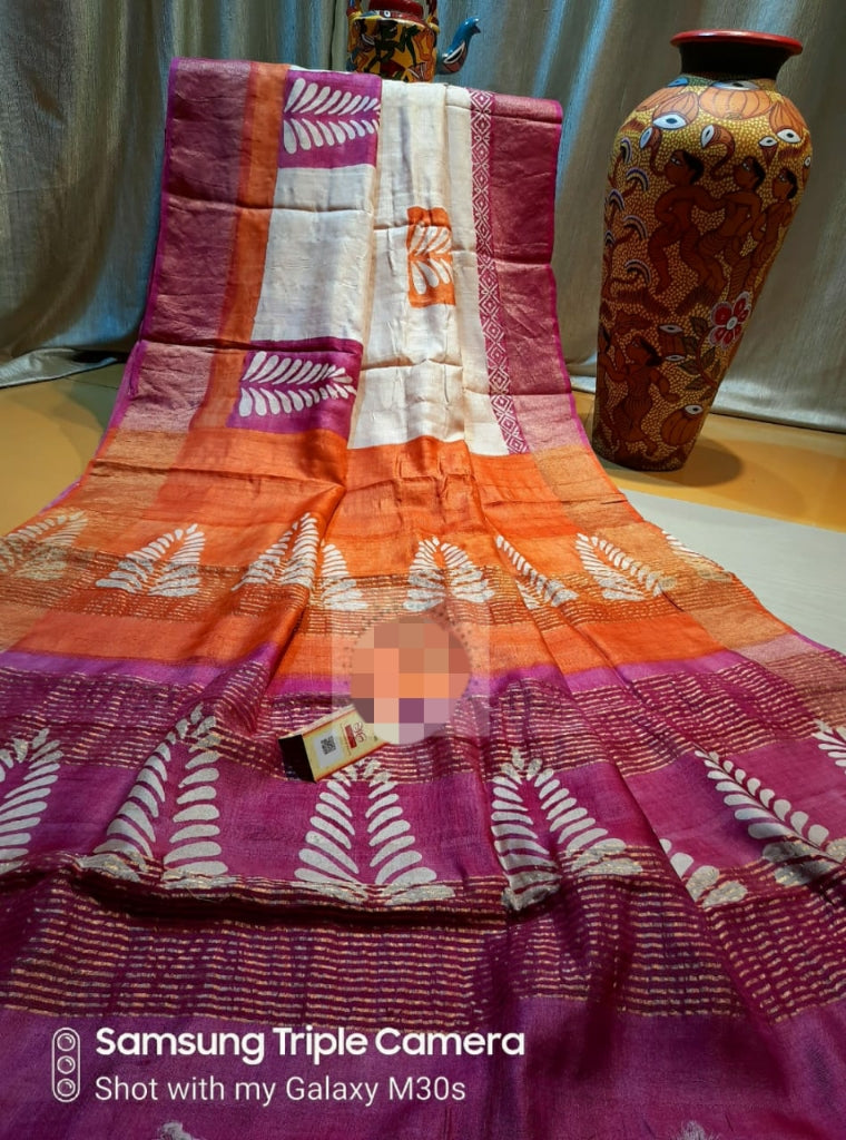 Orange Rani Block Printed Zari Border Pure Silk Mark Certified Tussar Silk Sarees
