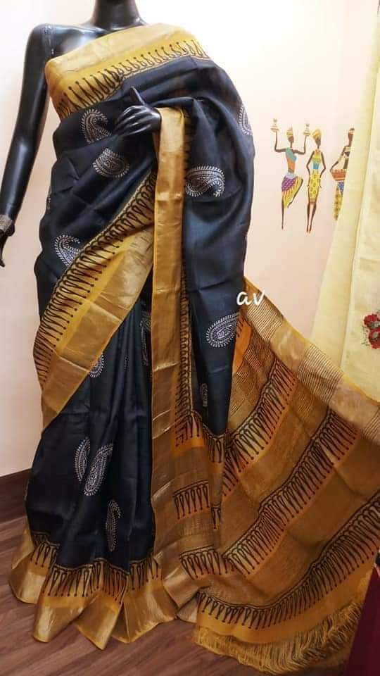 Black Block Printed Zari Border Pure Silk Mark Certified Tussar Silk Sarees - Dailybuyys