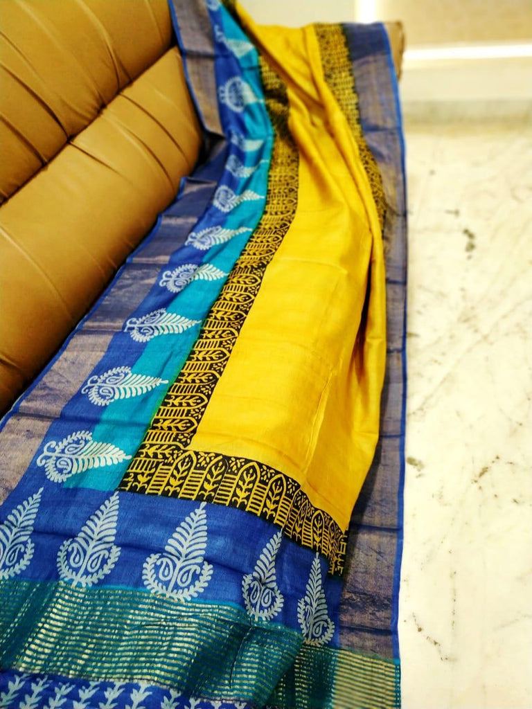 Blue Yellow Block Printed Zari Border Pure Silk Mark Certified Tussar Silk Sarees Get Extra 10% Discount on All Prepaid Transaction