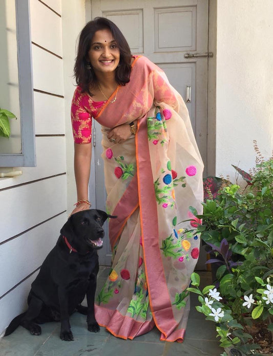 Beige Pink Hand Painted Zari Border Pure Silk Mark Certified Tussar Silk Sarees - Dailybuyys