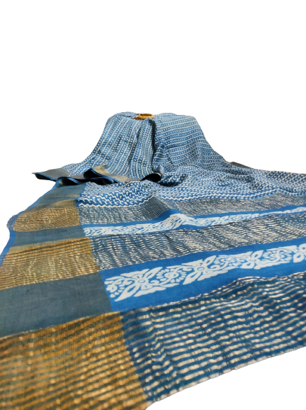 Blue Beautiful Block Print Zari Border Pure Silk Mark Certified Tussar Silk Sarees - Dailybuyys