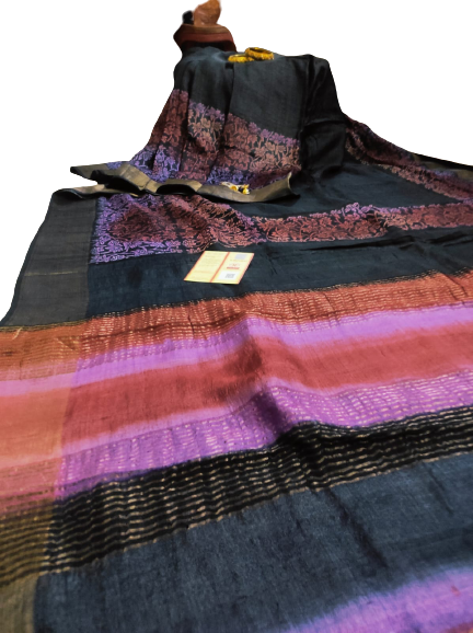 Black Beautiful Block Print Zari Border Pure Silk Mark Certified Tussar Silk Sarees - Dailybuyys