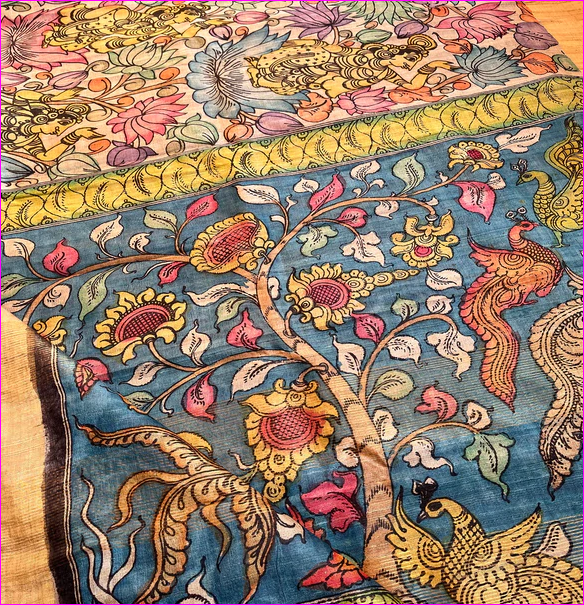 Multi Colour Srikalahasti Pure Silk Mark Certified Tussar Silk Kalamkari Sarees