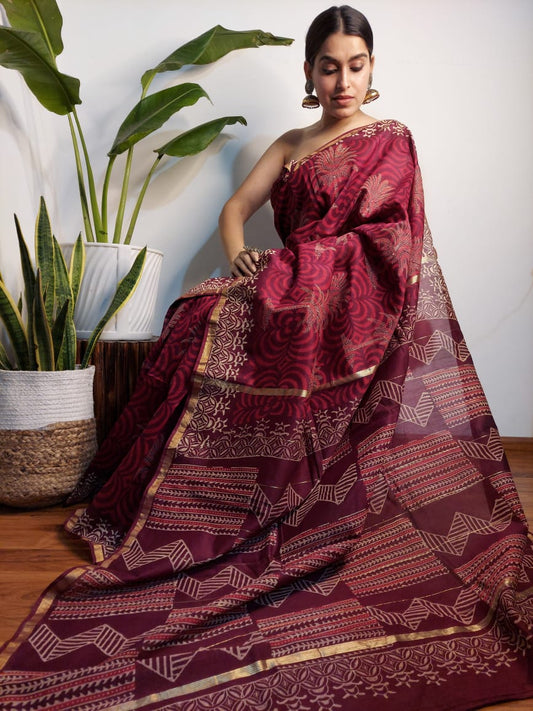 Beetroot Colour Bagru Print Chanderi Silk Sarees