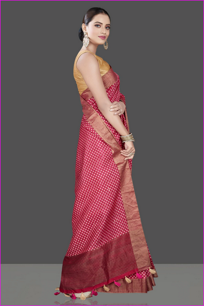 Red Block Print Pure Silk Mark Certified Tussar Silk Sarees