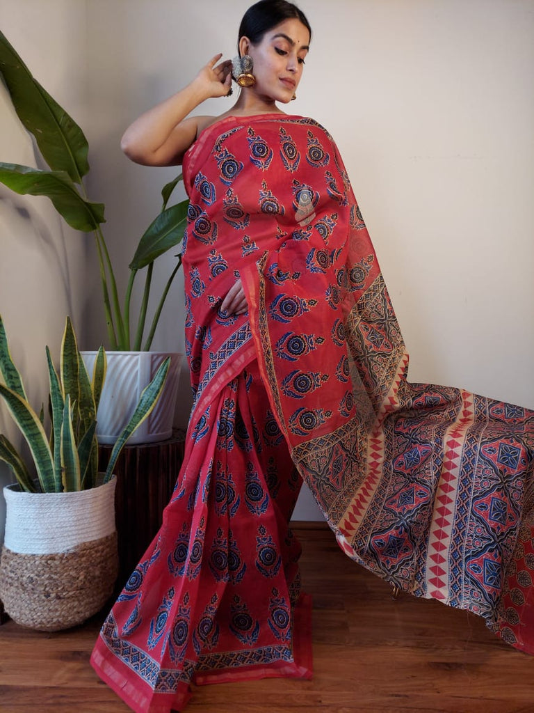 Buy Brown Hand Block Printed Chanderi Silk Saree | SM/SS-25/SHI9 | The loom