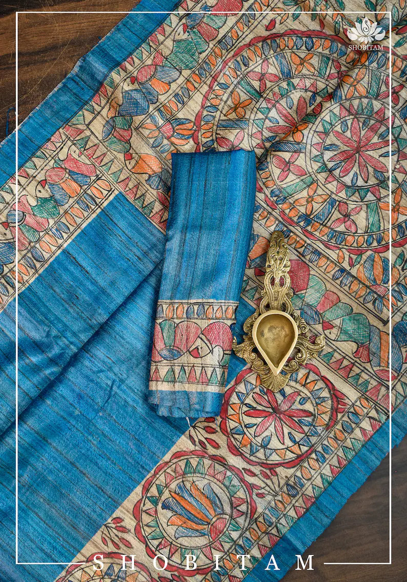 Blue Beige Madhubani Hand Painted Pure Silk Mark Certified Tussar Ghicha Silk Sarees