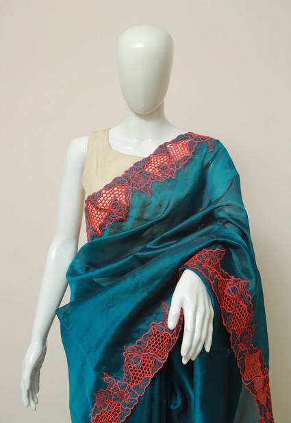 Blue Cut Work Pure Silk Mark Certified Tussar Silk Sarees