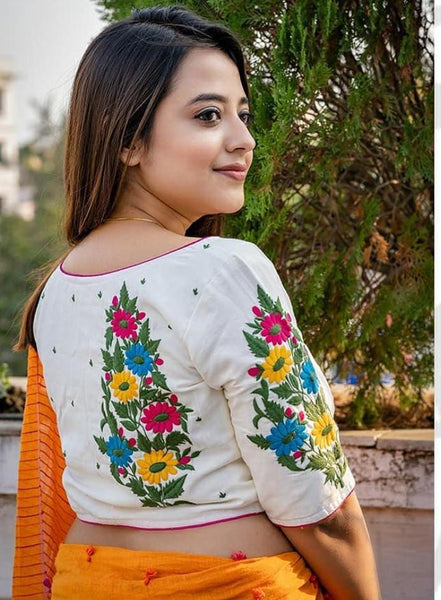 Buy White Dupion Silk Embroidered Floral Motifs V Neck Saree