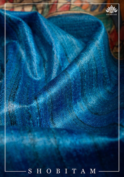 Blue Beige Madhubani Hand Painted Pure Silk Mark Certified Tussar Ghicha Silk Sarees