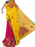 Yellow & Pink Design Bangladeshi Pure Cotton Kathiawari Sarees