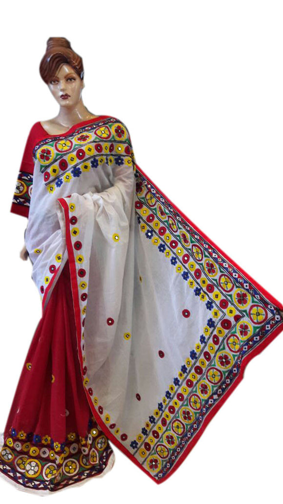White & Red Design Bangladeshi Pure Cotton Kathiawari Sarees
