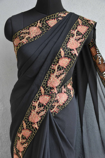 Black Cut Work Pure Silk Mark Certified Tussar Silk Sarees