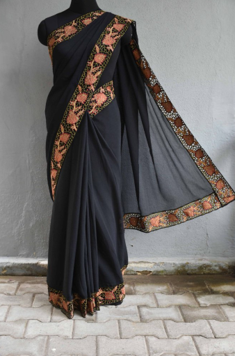 Black Cut Work Pure Silk Mark Certified Tussar Silk Sarees