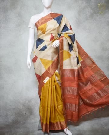 Orange Yellow Hand/ Block Printed Zari Border Pure Silk Mark Certified Tussar Silk Sarees