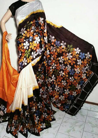 Beige Black Hand Painted Pure Silk Mark Certified Bishnupuri Silk Sarees