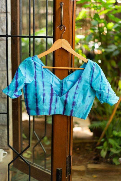 Sky Blue Backless Batik Printed  V Neck Frill Round Sleeve Blouses(Add to (Add to Cart 15% Off)(Add to Cart 15% Off)(Add to Cart 15% Off)Cart 15% Off)