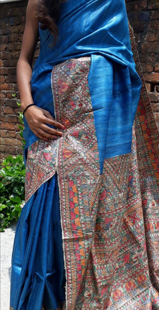 Blue Beige Madhubani Handpaint Pure Silk Mark Certified Tussar Ghicha Silk Sarees