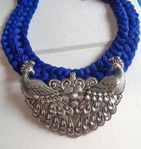 Blue Braided Chocker with German Silver Double Pendant Peacock