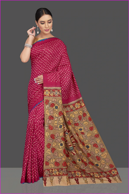 Red Block & Hand Painted Kalamkari Silk Mark Certified Bishnupuri Silk Sarees