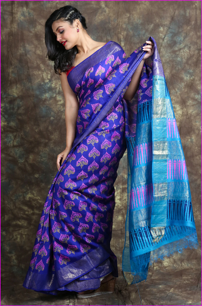 Bright Blue Block Print Zari Border Pure Silk Mark Certified Tussar Silk Sarees