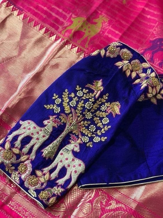 Royal Blue Hand embroidered In Raw Silk