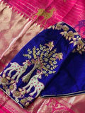 Royal Blue Hand embroidered Blouses In Raw Silk