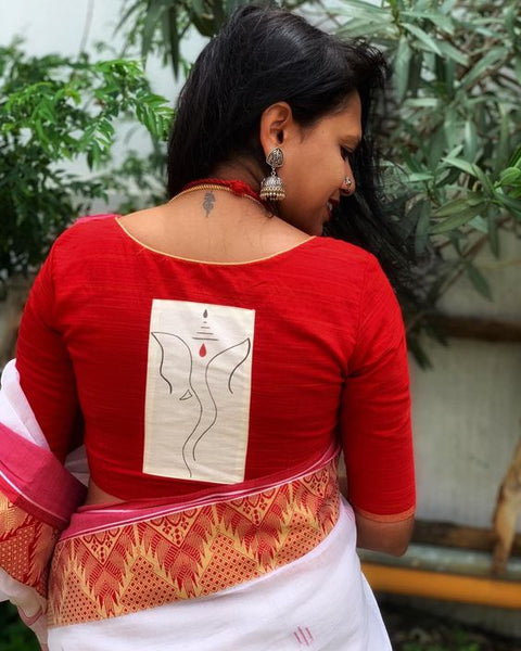 Red Color Boat Neck Applique Details Hand Painted Silk Blouses(Add to Cart 15% Off)