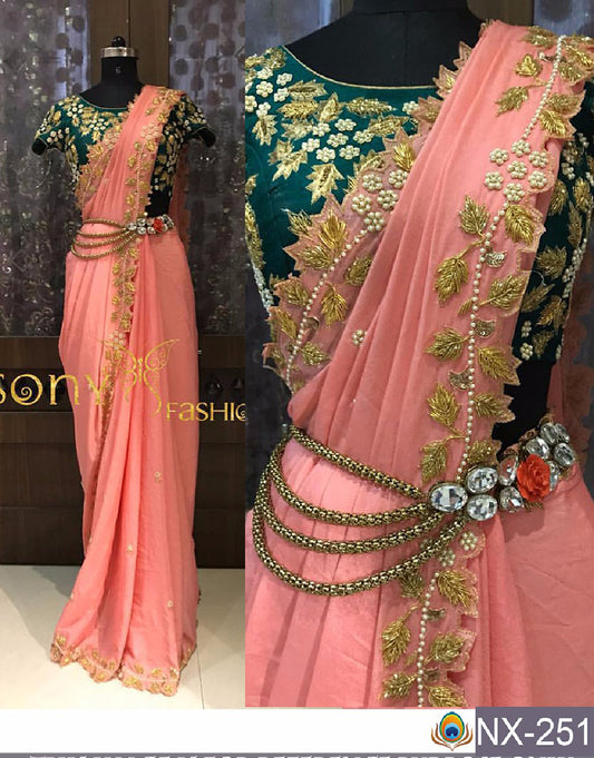 Peach & Green Chanderi Silk Sarees