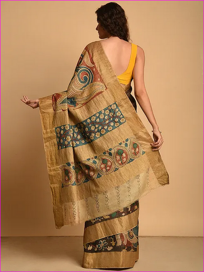 Coffee color Multi Colour Pure Silk Mark Certified Tussar Silk Kalamkari Sarees