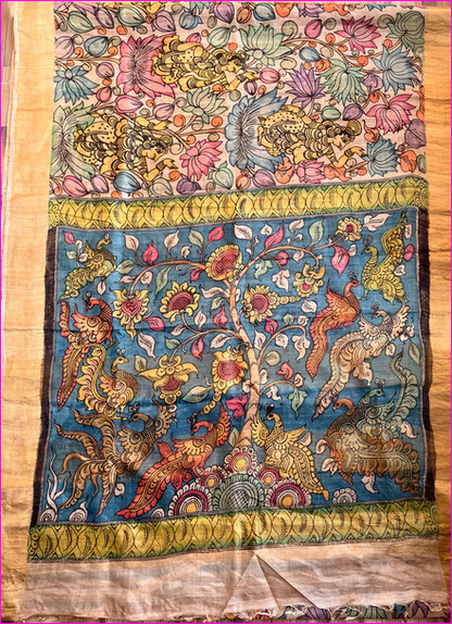 Multi Colour Srikalahasti Pure Silk Mark Certified Tussar Silk Kalamkari Sarees