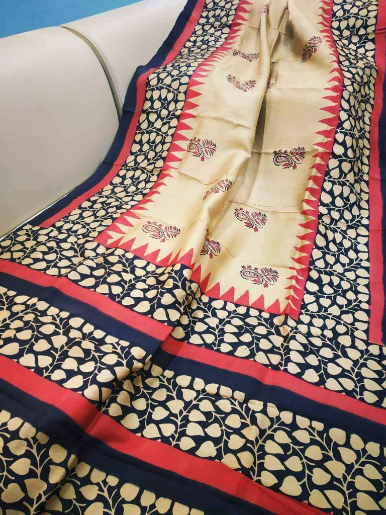 Beige Block Printed Pure Silk Mark Certified Tussar Silk Sarees ( FLAT 15% DISCOUNT AVAILABLE ) Limited time Offer
