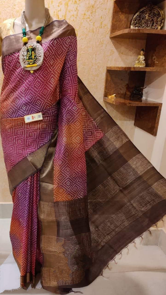 Pink Block Printed Pure Silk Mark Certified Tussar Silk Sarees ( FLAT 15% DISCOUNT AVAILABLE ) Limited time Offer