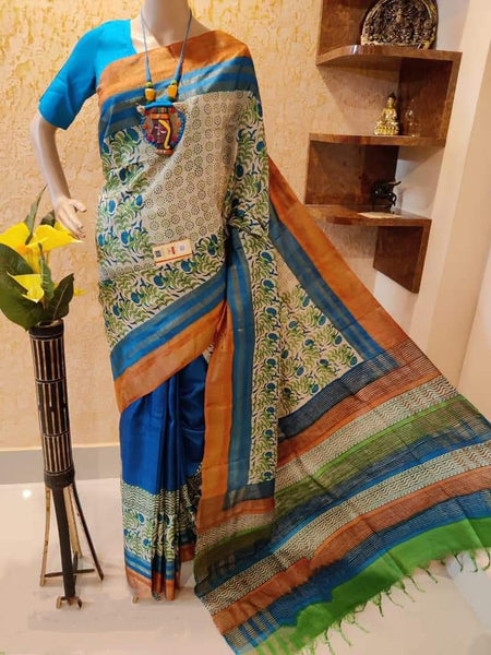 Blue Block Printed Pure Silk Mark Certified Tussar Silk Sarees ( FLAT 15% DISCOUNT AVAILABLE ) Limited time Offer