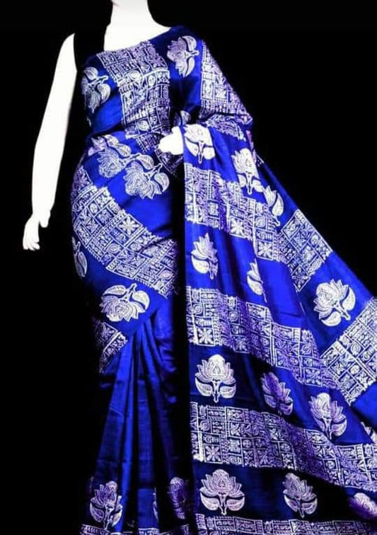 Blue Block Printed Pure Silk Mark Certified Tussar Silk Sarees ( FLAT 15% DISCOUNT AVAILABLE ) Limited time Offer