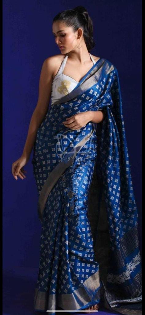 Blue Block Printed Pure Silk Mark Certified Tussar Silk Sarees - Dailybuyys