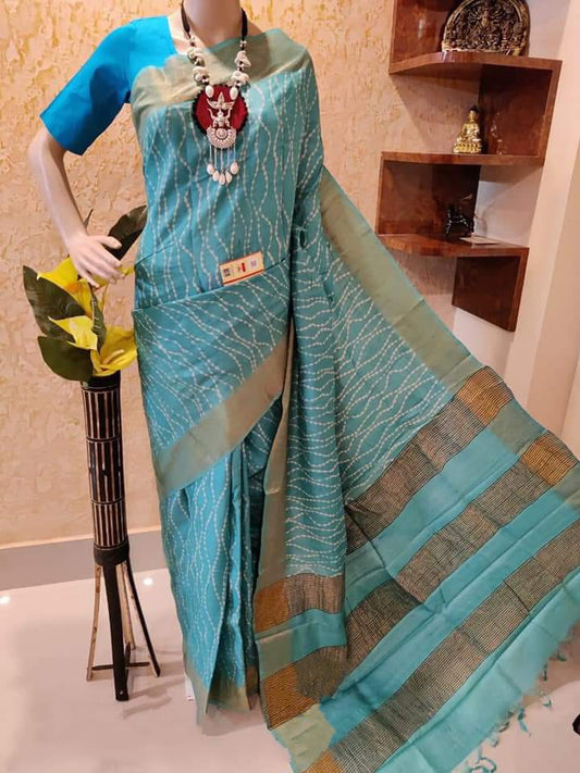 Blue Block Printed Pure Silk Mark Certified Tussar Silk Sarees ( FLAT 15% DISCOUNT AVAILABLE ) Limited time Offer