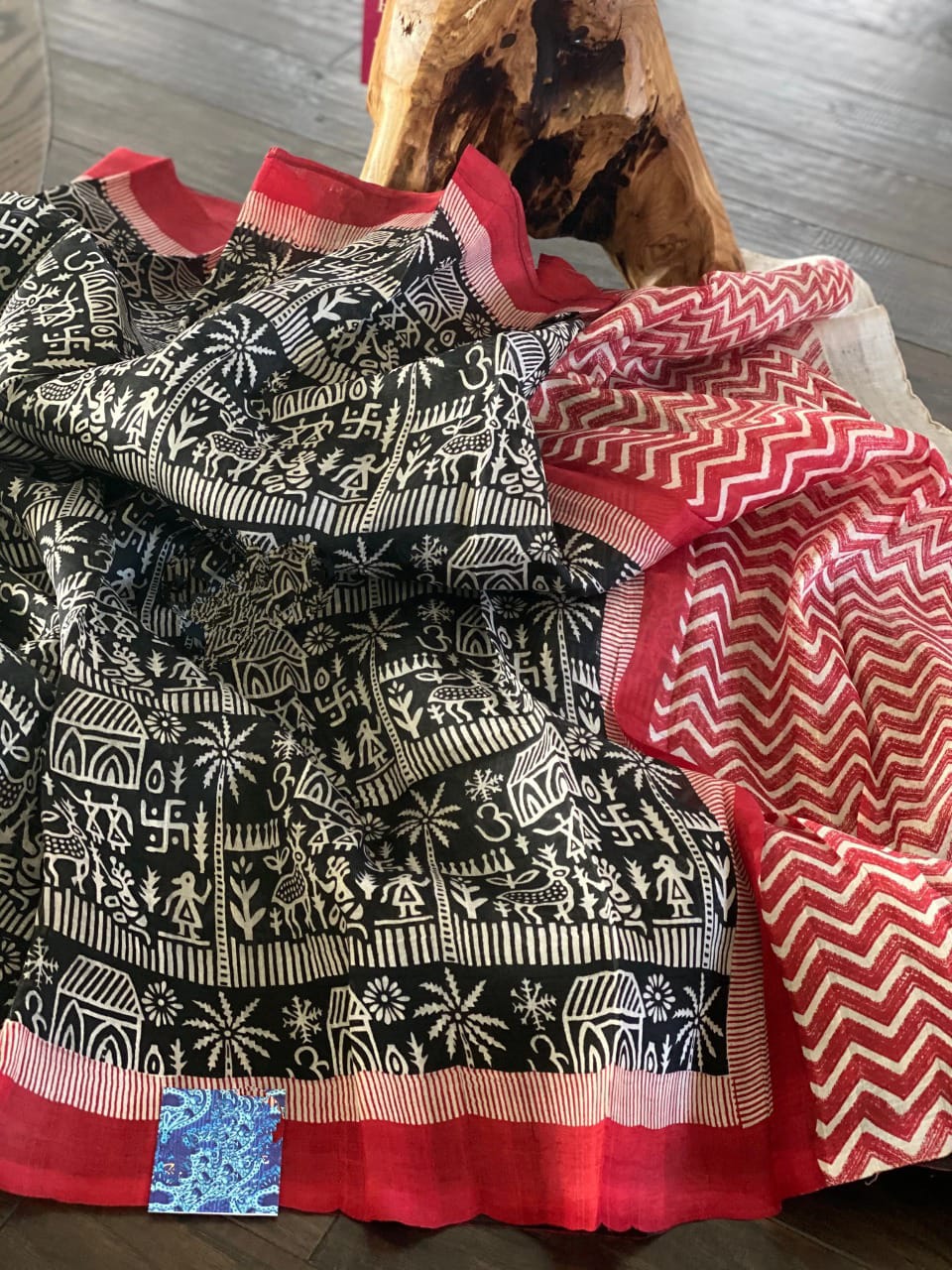 Black Block Printed Pure Silk Mark Certified Tussar Silk Sarees - Dailybuyys