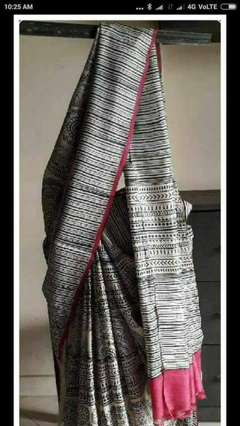 Grey Beige Block Printed Pure Silk Mark Certified Bishnupuri Silk Sarees